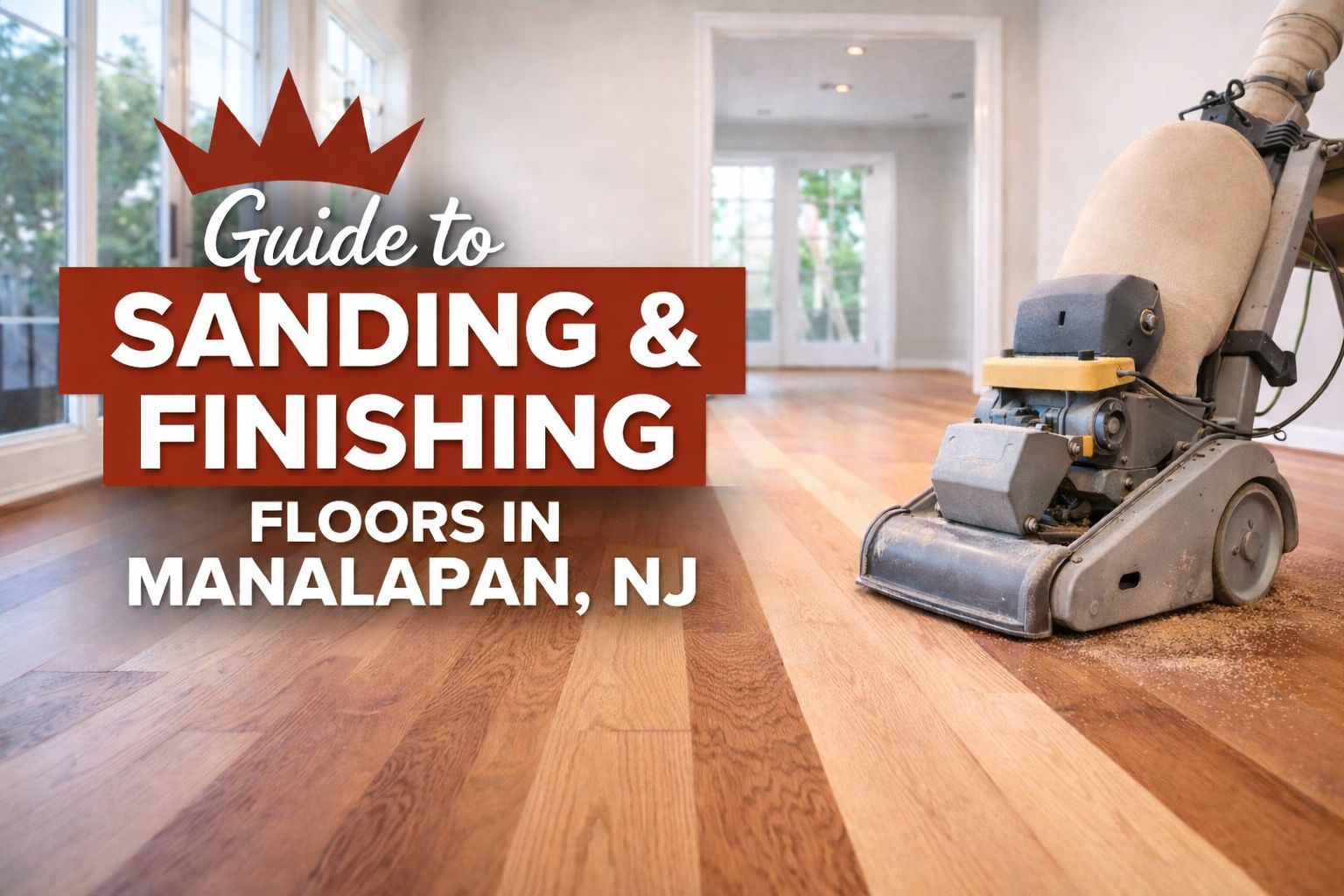 Man sanding and finishing hardwood floors in a home in Manalapan, NJ, showcasing the refinishing process.