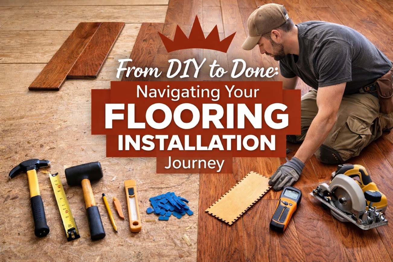 A man working on floor installation, with the phrase "From DIY to Done: Your Guide to Floor Installation" displayed.