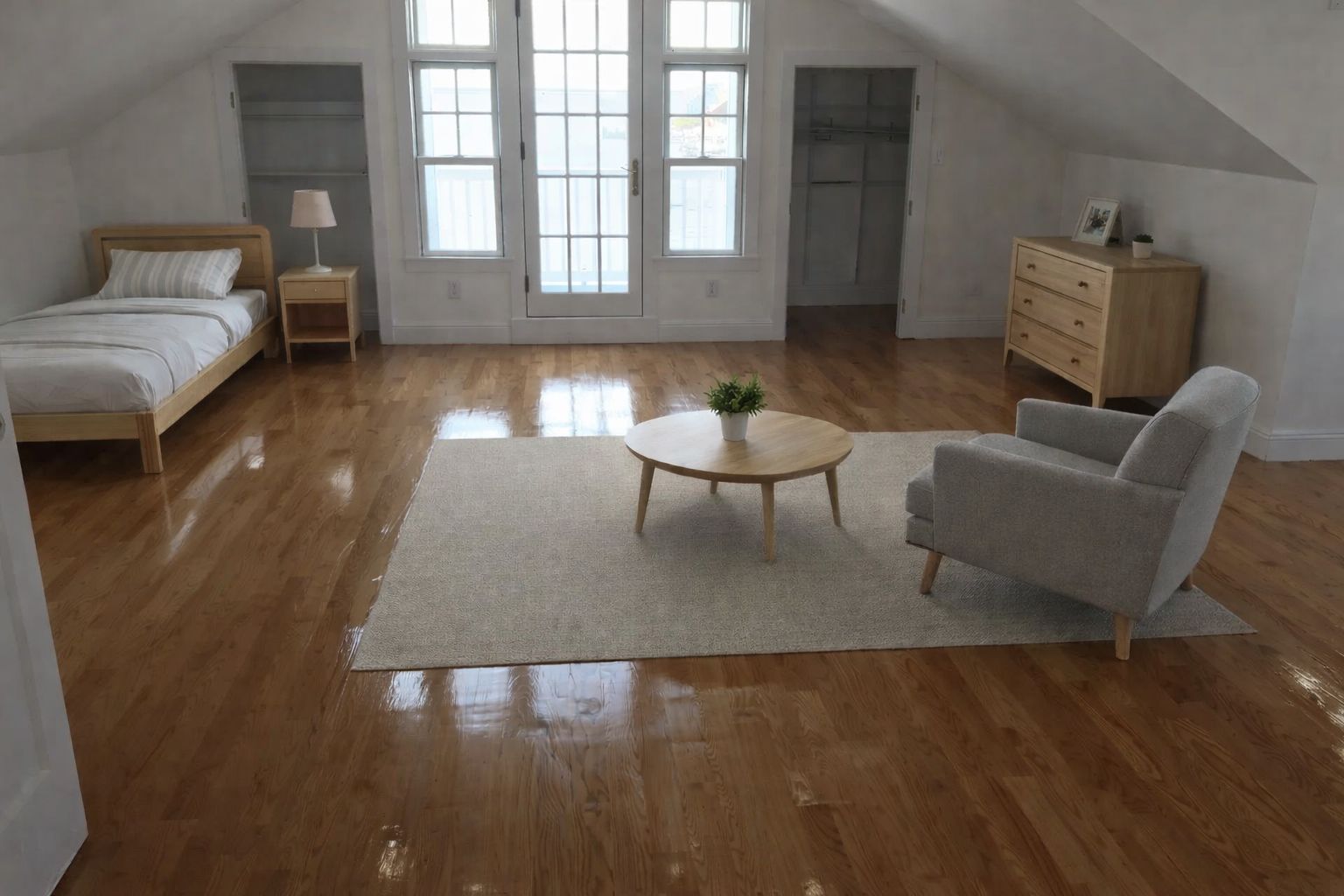 User-Inserted Bright Attic Bedroom With Glossy Hardwood Floors After Flooring Restoration, White Sloped Ceilings, French Doors, A Twin Bed, Armchair, Coffee Table, And Dresser In A Minimalist Layout.