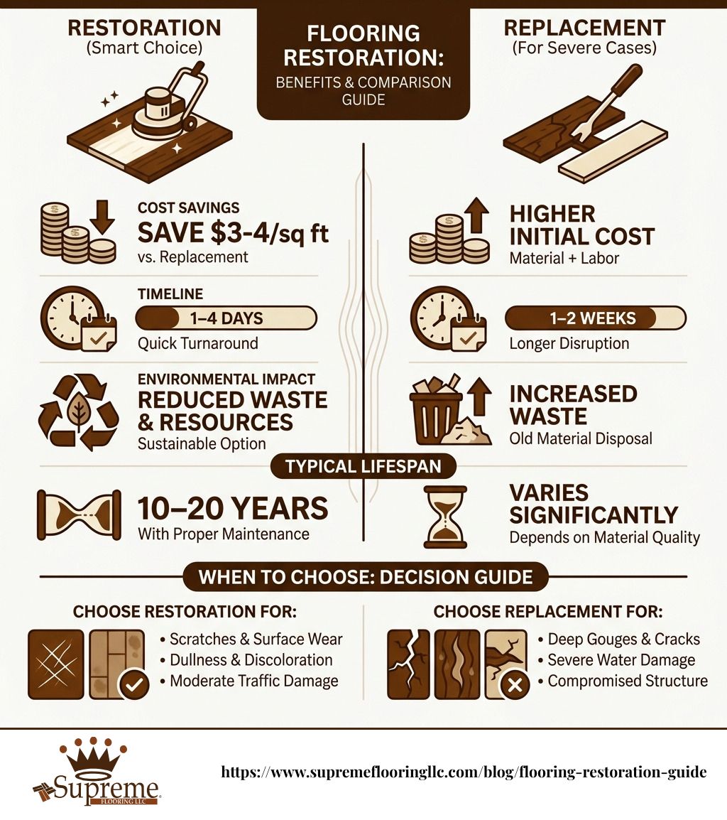 Infographic Comparing Flooring Restoration Benefits: Cost Savings Of $3-4 Per Square Foot Versus Replacement, Restoration Timeline Of 1-4 Days Versus 1-2 Weeks For New Floors, Environmental Impact Showing Reduced Waste And Resource Use, Typical Restoration Lifespan Of 10-20 Years, And When To Choose Restoration Versus Replacement Based On Damage Severity - Flooring Restoration Infographic Infographic Comparing Flooring Restoration Benefits: Cost Savings Of $3-4 Per Square Foot Versus Replacement, Restoration Timeline Of 1-4 Days Versus 1-2 Weeks For New Floors, Environmental Impact Showing Reduced Waste And Resource Use, Typical Restoration Lifespan Of 10-20 Years, And When To Choose Restoration Versus Replacement Based On Damage Severity - Flooring Restoration Infographic