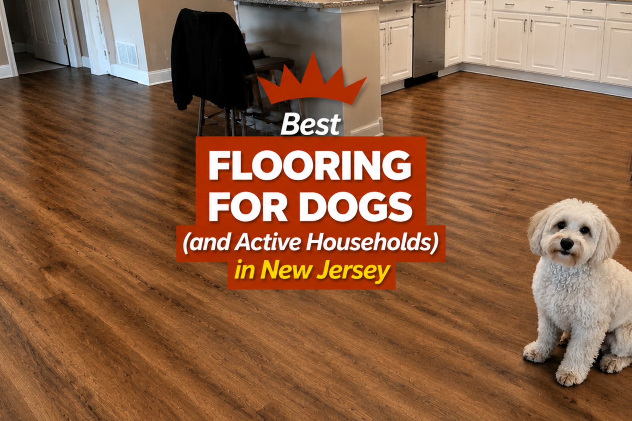 Interior kitchen with dog-friendly hardwood flooring, white cabinets, and a playful small white dog, showcasing the best flooring options for dogs and active households in New Jersey