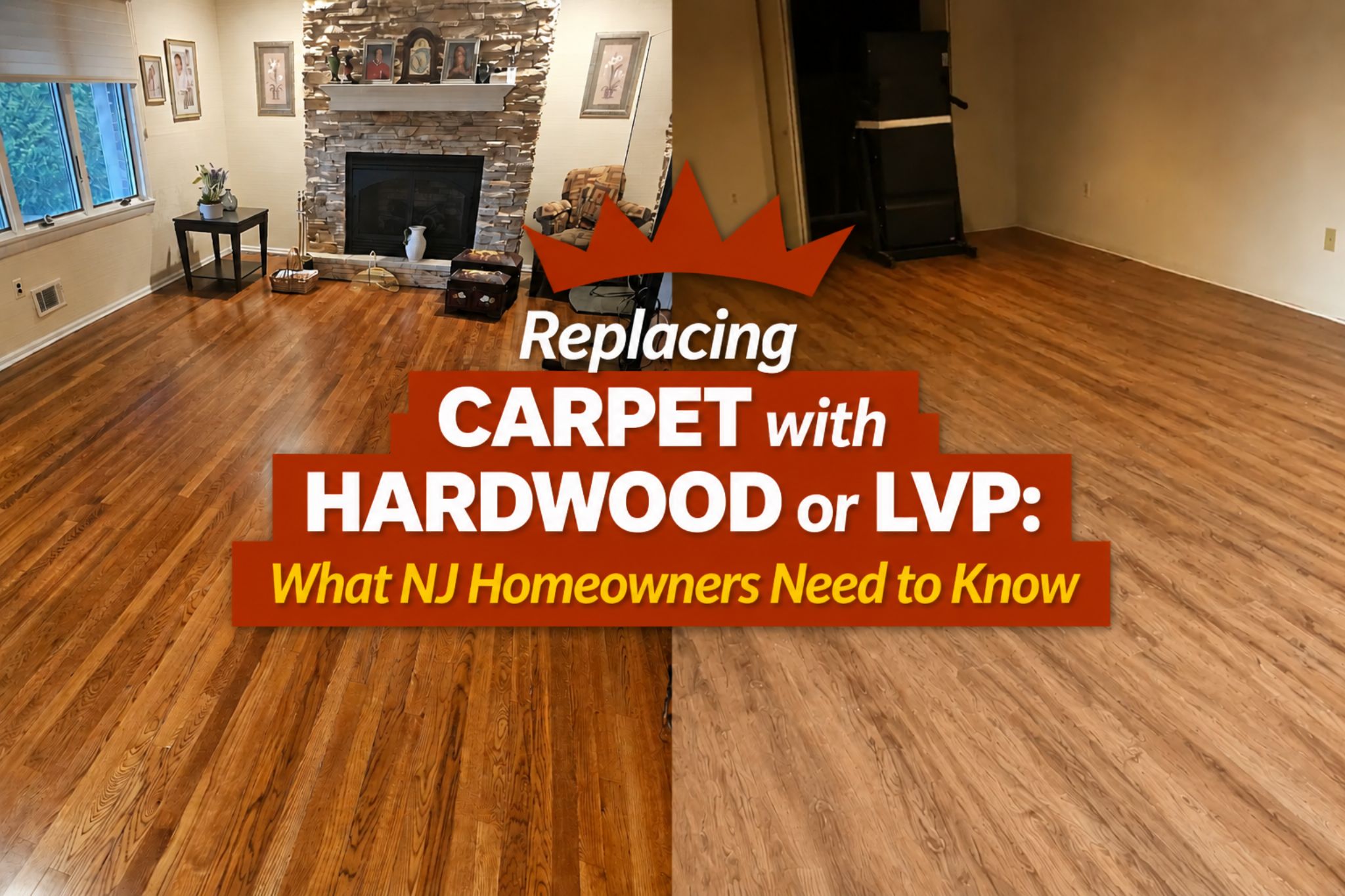 NJ home interior with hardwood flooring installed, replacing carpet, showing before and after transformation for homeowners considering hardwood or LVP