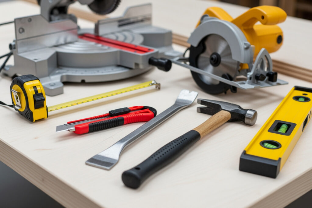 From Diy To Done: Navigating Your Flooring Installation Journey 1 Close-Up Of Professional Woodworking Tools On A Workbench Including A Miter Saw, Circular Saw, Hammer, Utility Knife, Tape Measure, And Level, Ready For Precise Flooring Installation And Home Improvement Projects.