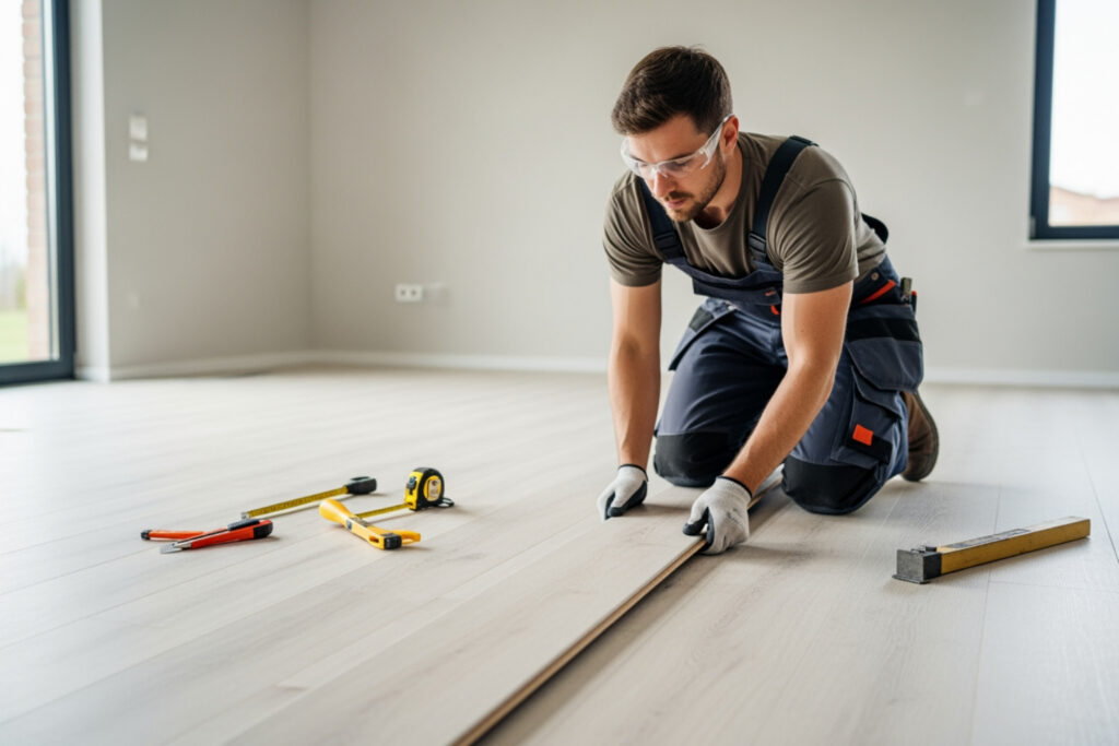 From Diy To Done: Navigating Your Flooring Installation Journey 2 Professional Installing Light-Colored Luxury Vinyl Plank Flooring Using Measuring And Cutting Tools In A Modern Living Room For Precise Diy Or Pro Flooring Installation.