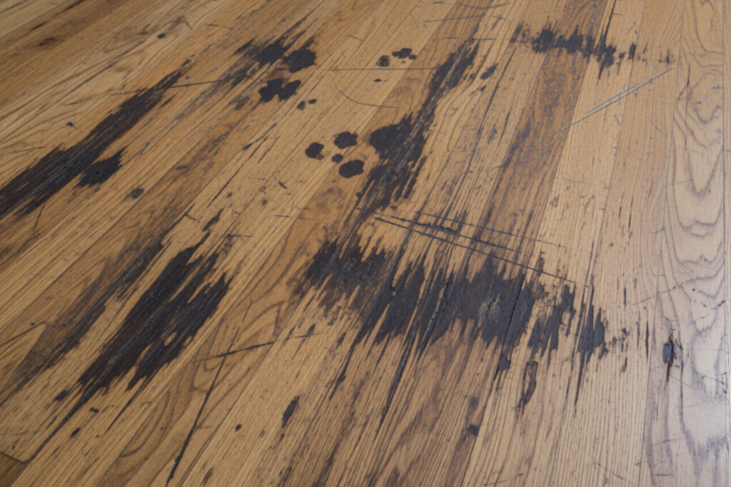 The Definitive Guide To Flooring Restoration 1 Close-Up Of Heavily Scratched And Stained Hardwood Flooring Showing Extensive Wear, Water Damage, And Dark Blotches, Highlighting The Need For Professional Hardwood Floor Restoration And Refinishing Services.