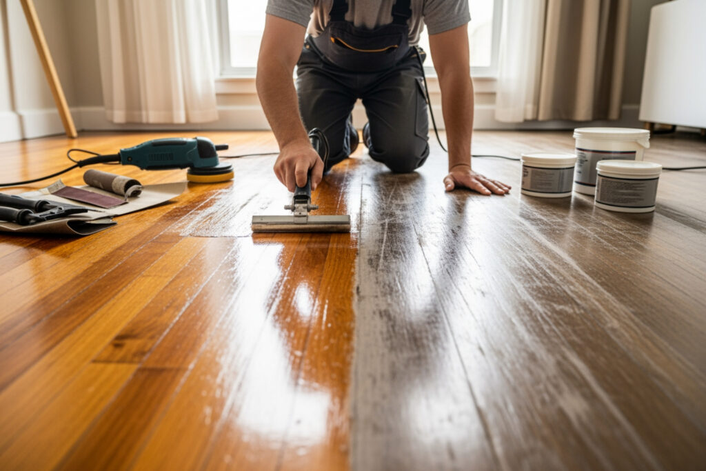 The Definitive Guide To Flooring Restoration 2 Person Refinishing Hardwood Floors With A Squeegee Applicator, Applying A Protective Finish To Restore Shine And Enhance Durability In A Home Interior Renovation Project.