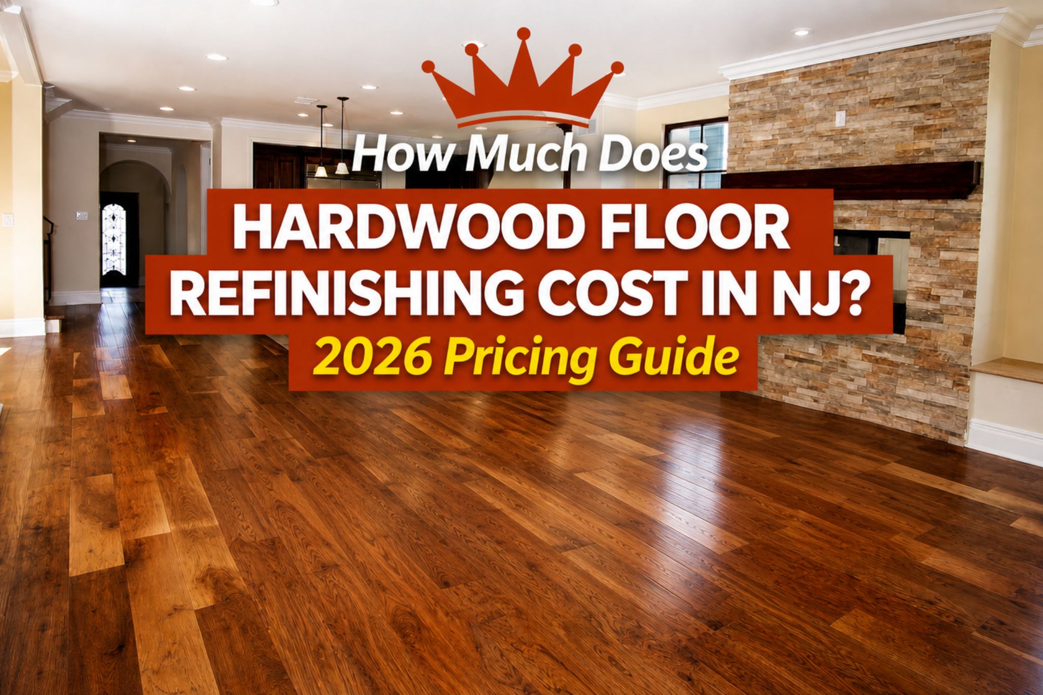 Hardwood floor refinishing cost guide 2026 New Jersey home interior with polished wood floors, living room with stone fireplace, and professional flooring insights.