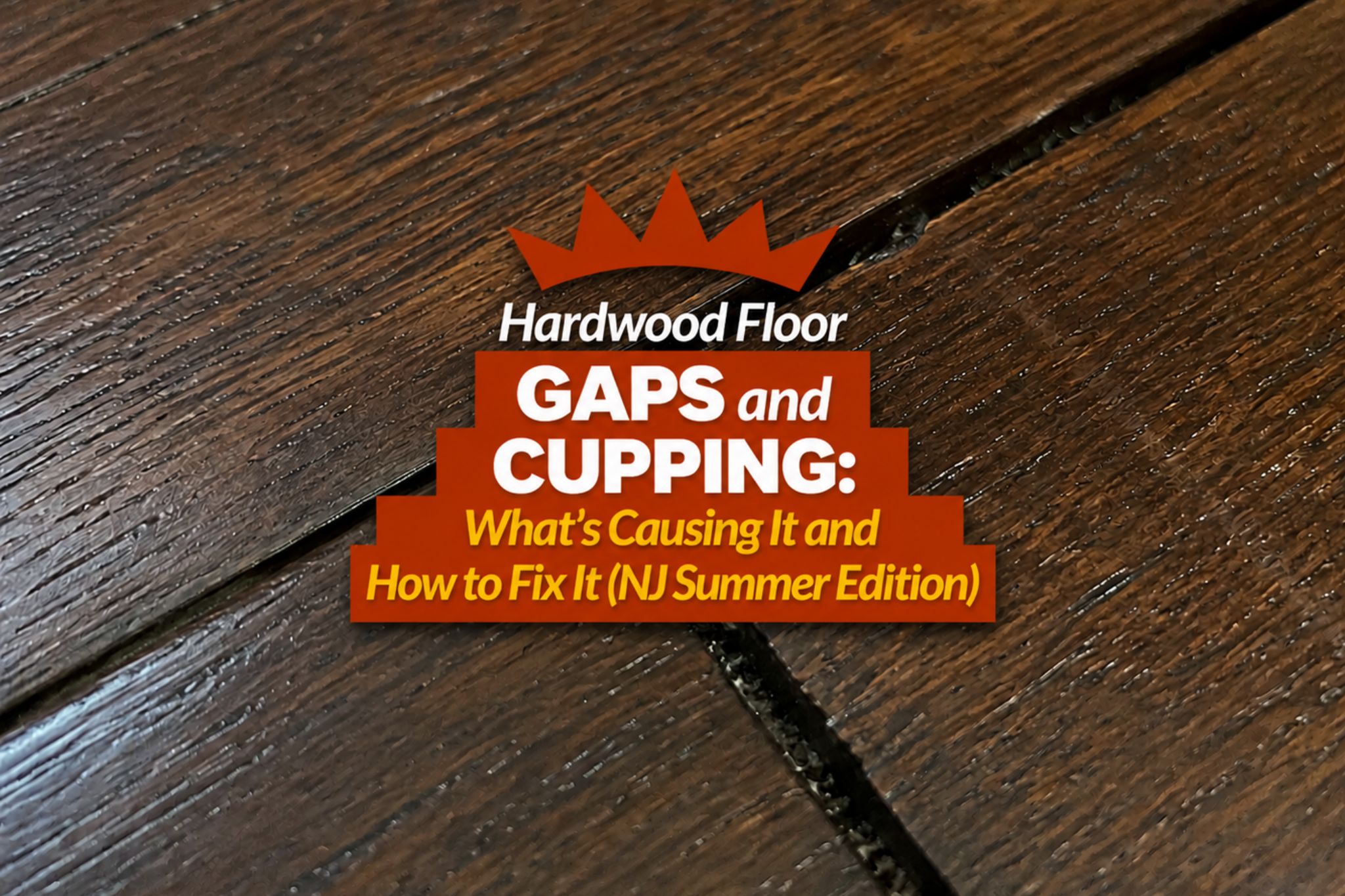 Close-up of hardwood floor gaps and cupping with text about causes and fixes for New Jersey summer humidity.
