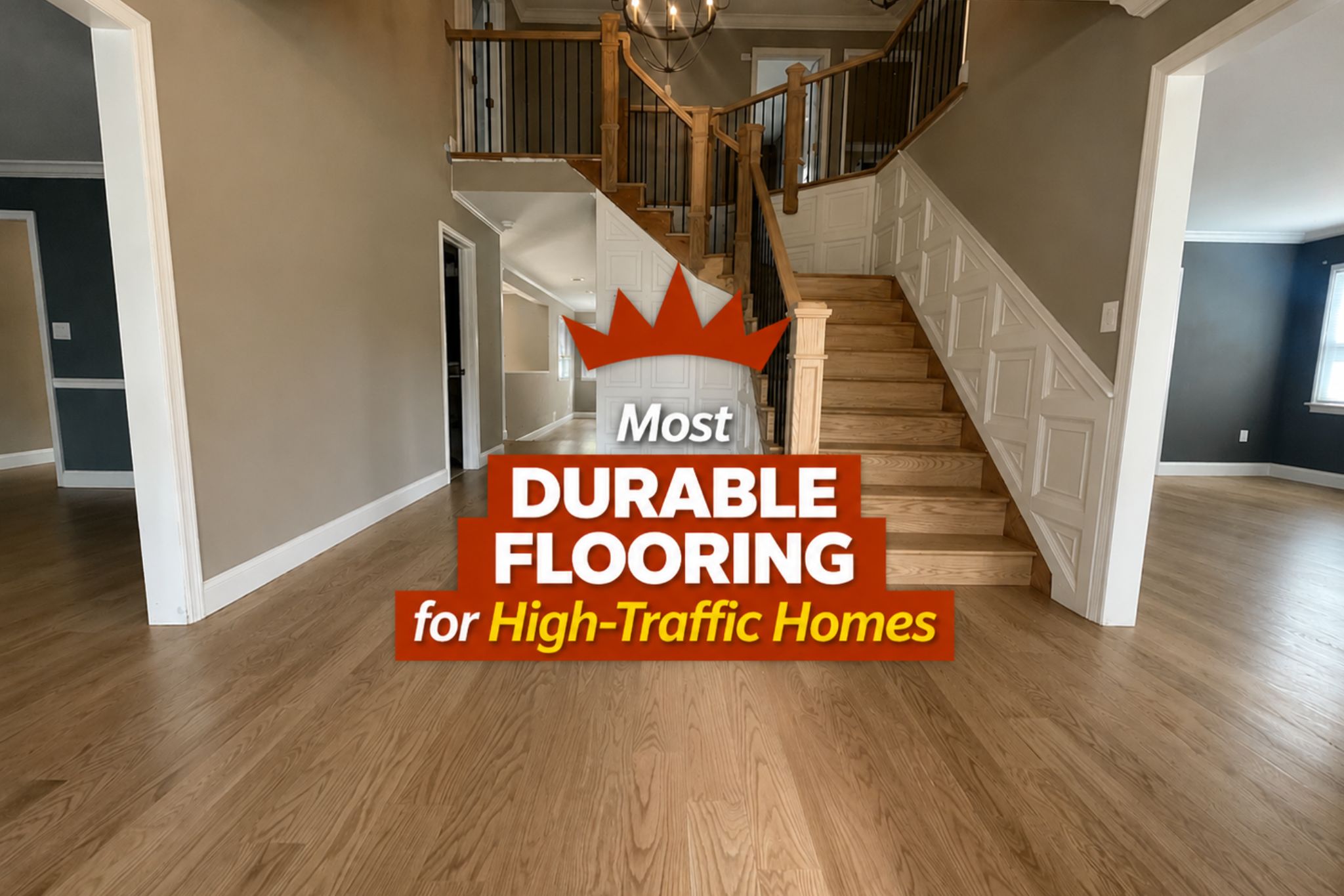 Hardwood flooring in a high-traffic home entryway with staircase, highlighting durable flooring options for busy households.
