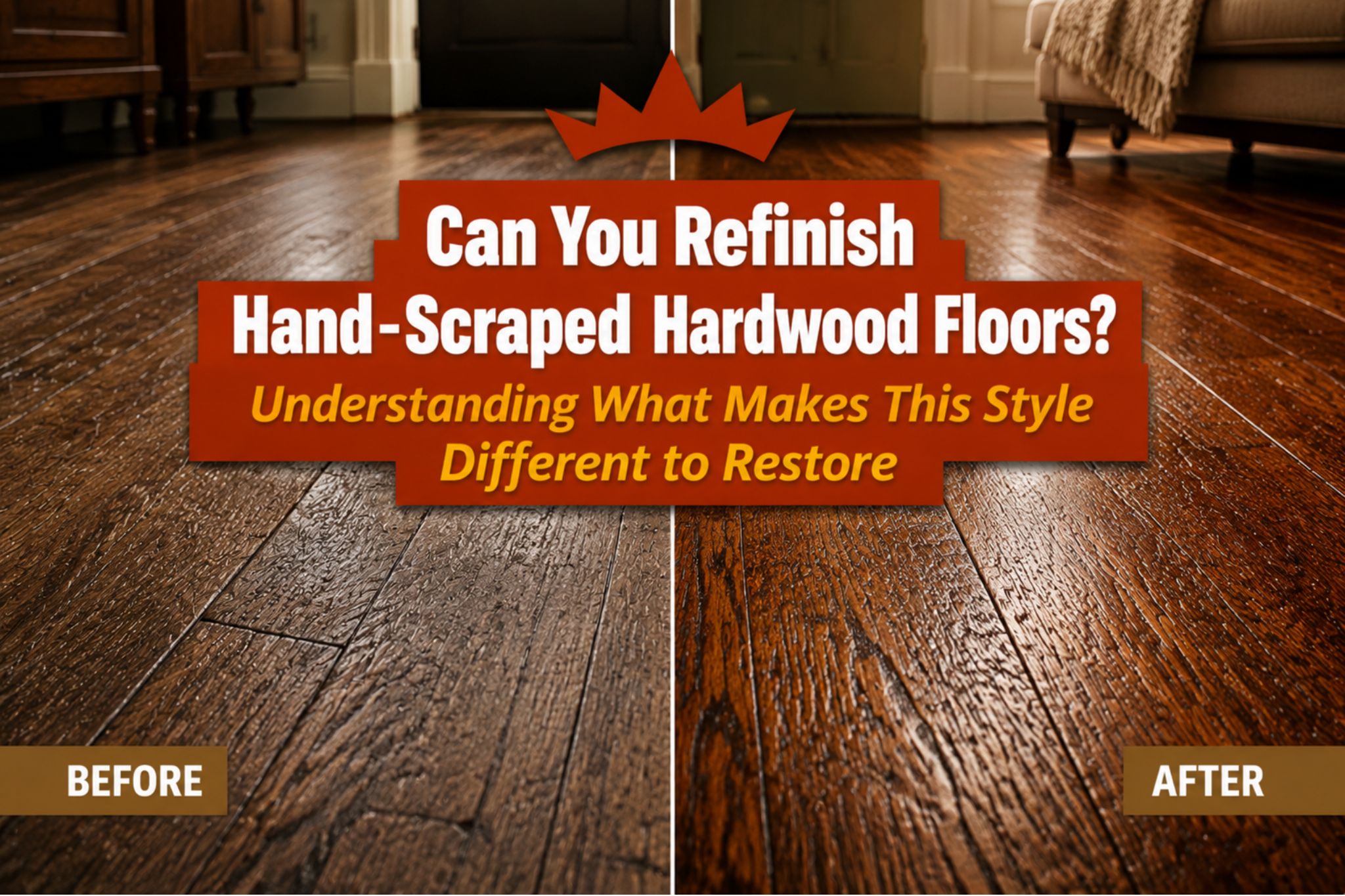 Before and after of refinished hand-scraped hardwood floors
