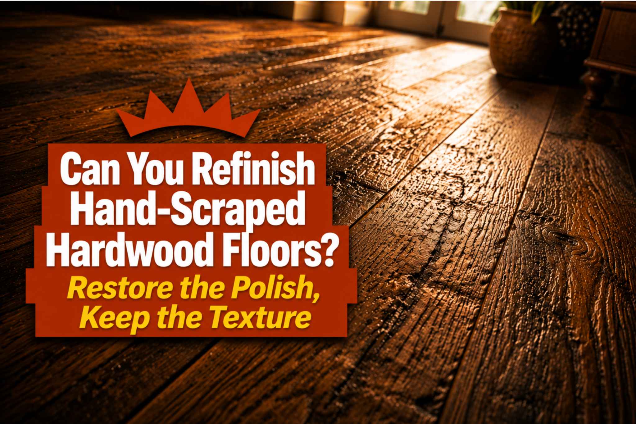 Close-up of hand-scraped hardwood floors showing texture and a title overlay.